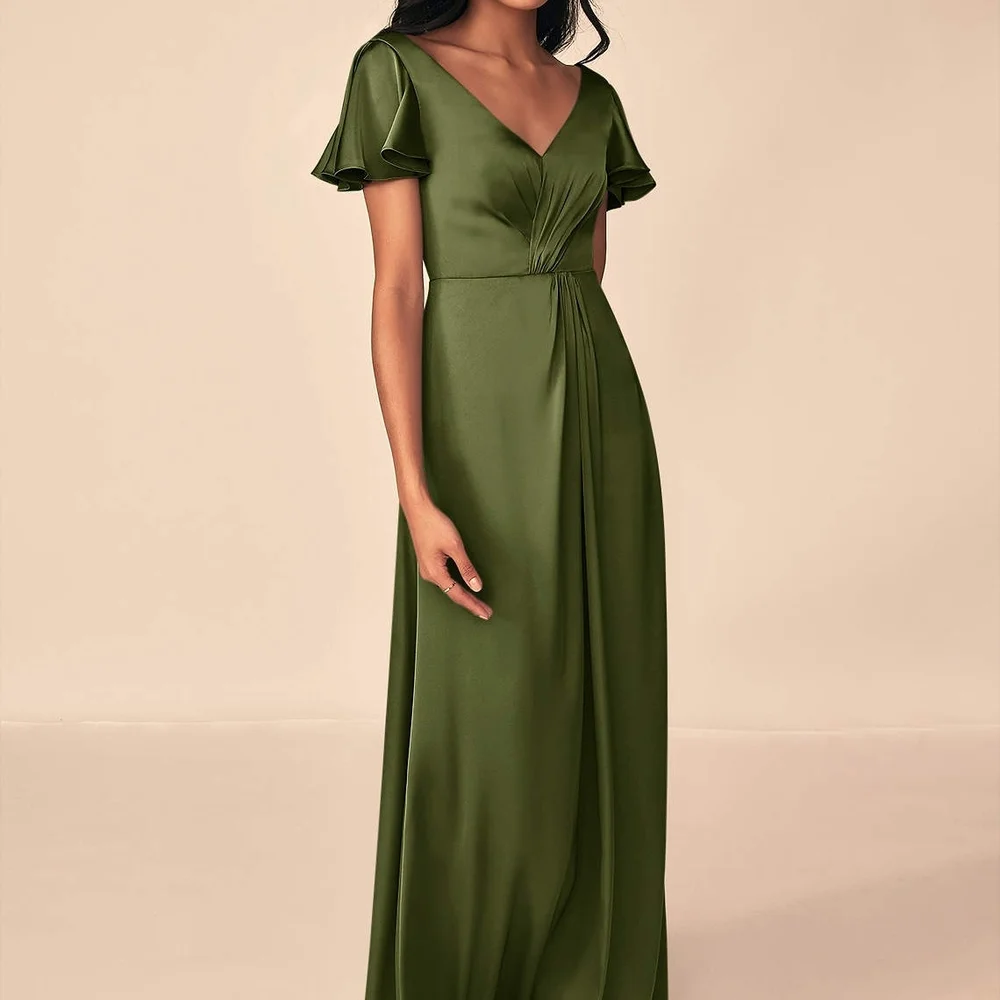 Azazie Olive Green Maxi Dress Poof Sleeves Women's Size 10 Bridesmaid Wedding - Picture 1 of 9